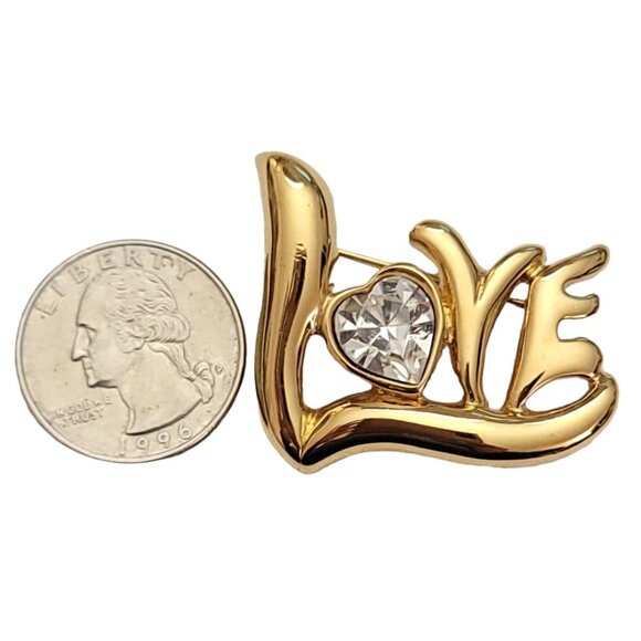 Monet Vintage Gold Tone Heart Rhinestone LOVE Brooch Pin, Signed L32 - Picture 7 of 10